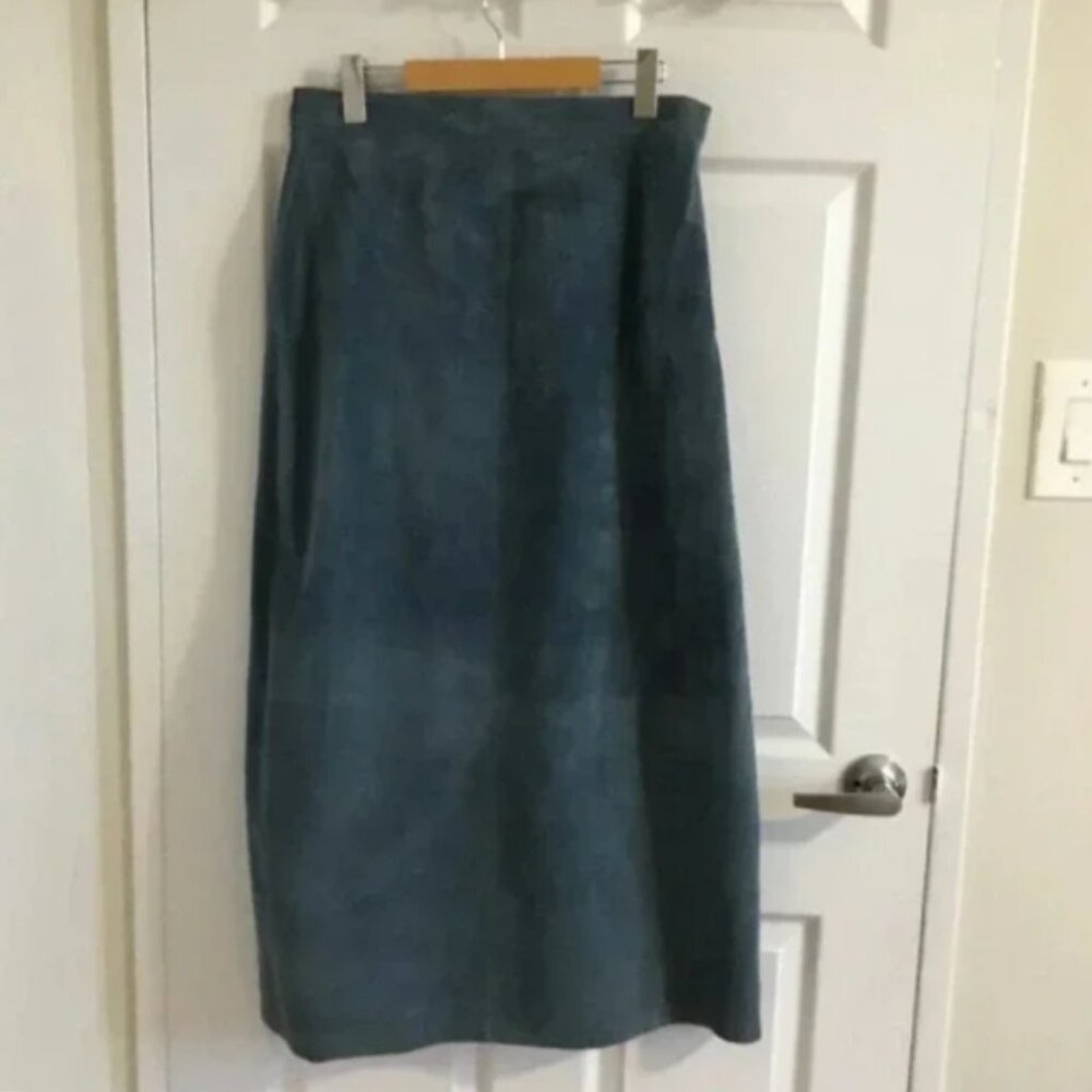 NWT JESSICA HOLBROOK SKIRT Blue Suede Washable Leather Old Money Quiet luxury 12